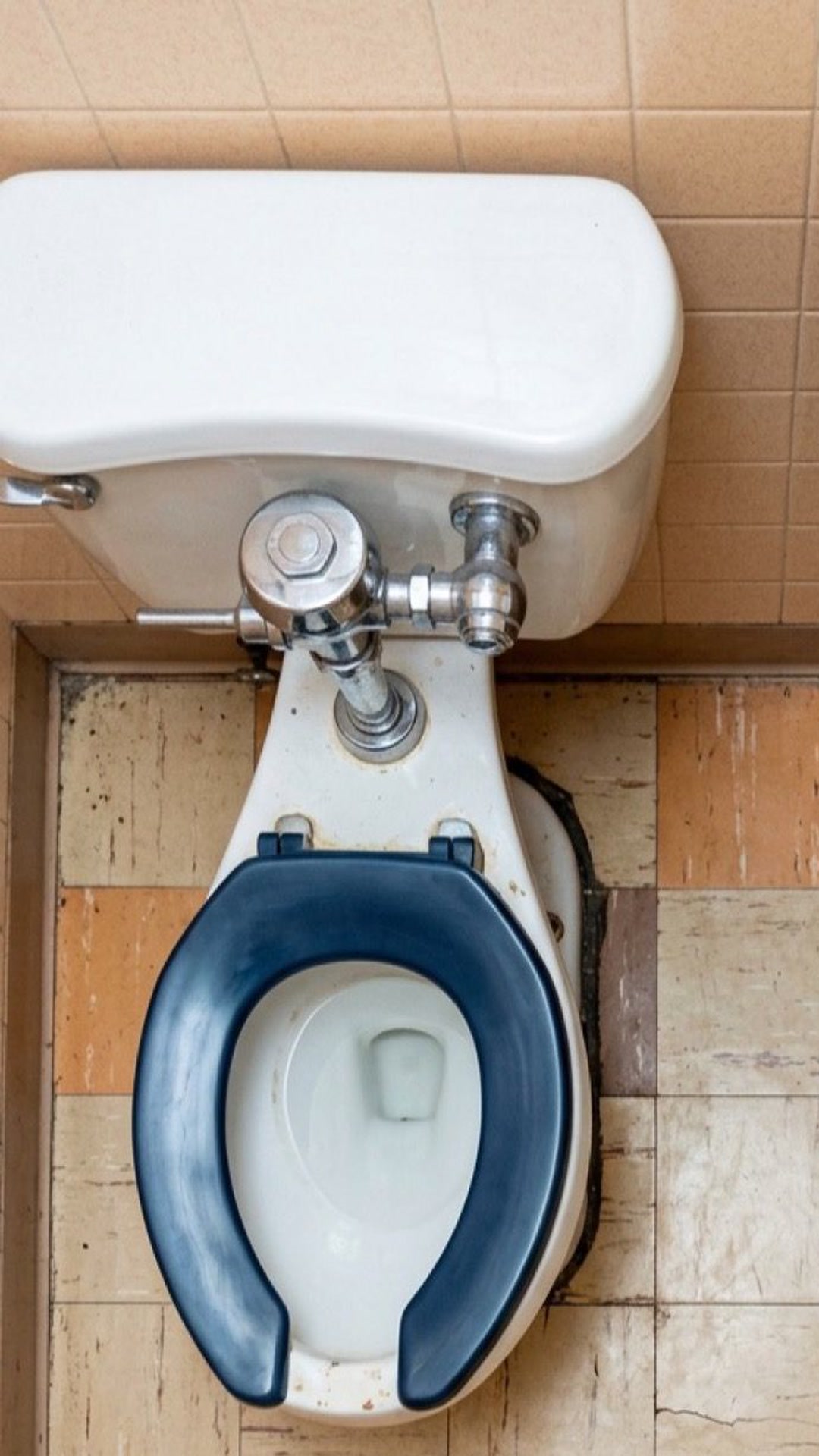 Looking straight down into a toilet bowl, standing on the seat.